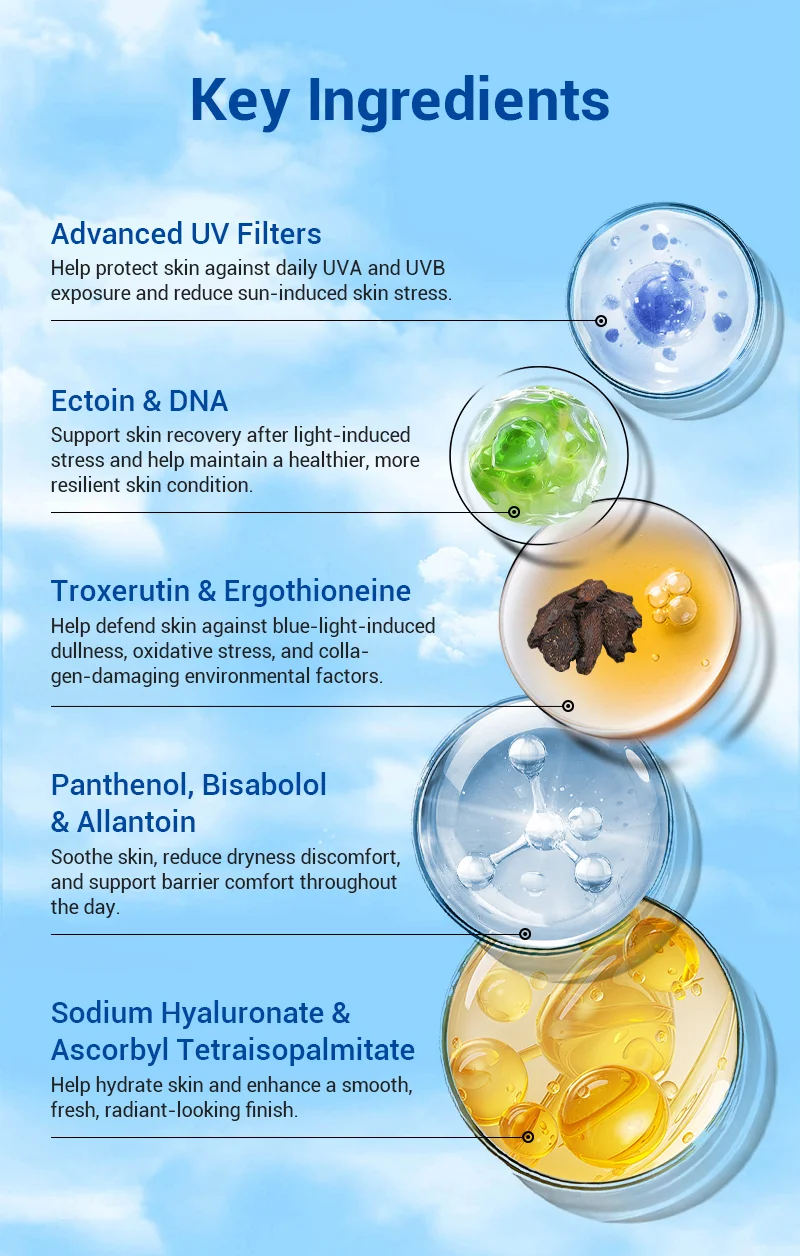 Infographic listing key skincare ingredients with benefits: UV filters, Ectoin & DNA, Troxerutin & Ergothioneine, Panthenol, Bisabolol & Allantoin, Sodium Hyaluronate & Ascorbyl Tetraisopalmitate.